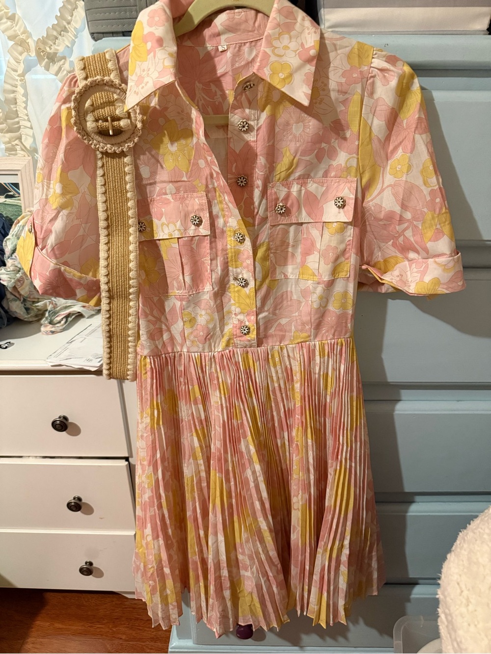 Womens Pink and Yellow Floral Pleated Shirt Dress